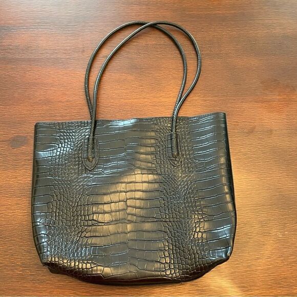 Faux Croc Black Shoulder Bag Purse - Picture 6 of 9